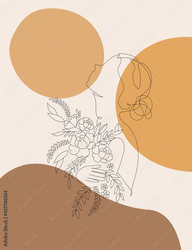 Minimalism.Happy Mother day card. Continuous one line drawing. Woman hold flowers. minimalism illustration pallete	