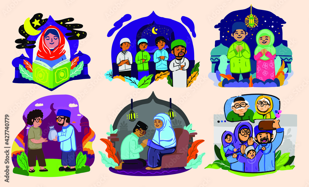 Obraz premium Set VECTOR Ramadan and Eid Mubarak Activity Family, Praying, Zakat Ramadan celebrated Illustration, Vector Using for Sticker, website banner