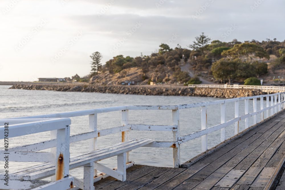 Seating on the causeway leading to granite island end in Victor Harbor south australia on April 12th 2021 Seating on the causeway leading to granite island end in Victor Harbor south australia on April 12th 2021