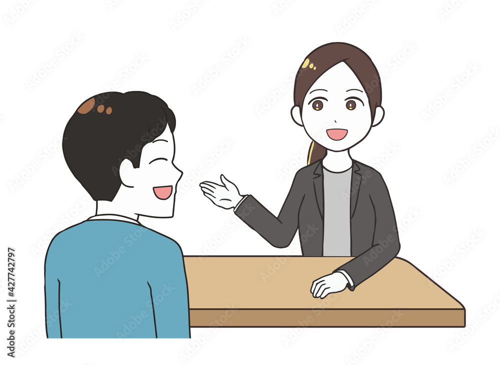 相談を受ける女性 笑顔の男性 相談を受ける女性 笑顔の男性