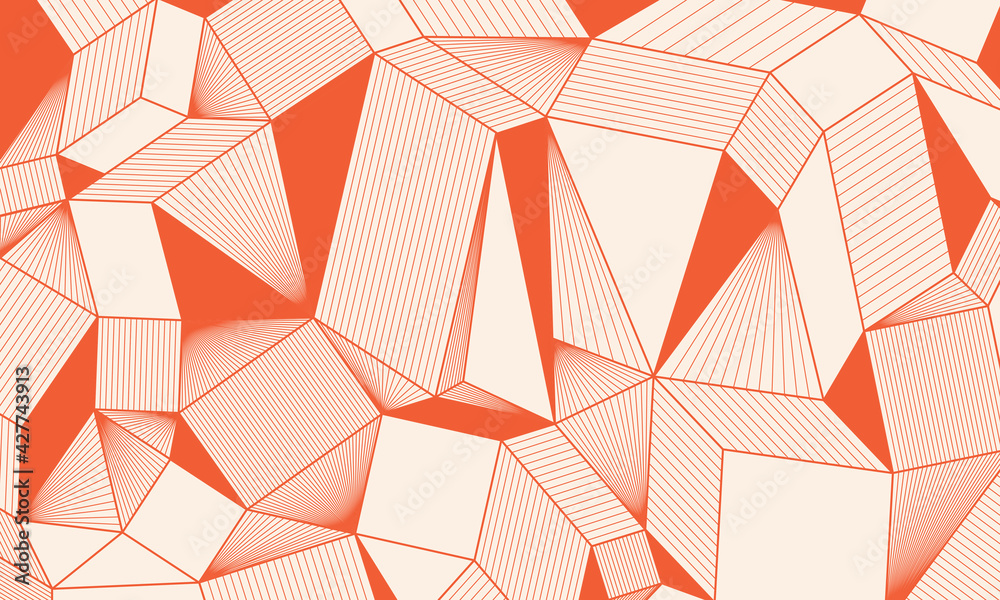 Geometric simple background of red lines and triangles on a beige background. Line vector drawing