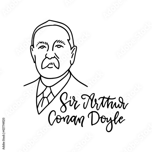 Arthur Conan Doyle linear sketch portrait of the famous English writer with lettering inscription of his name. Flat vector illustration.