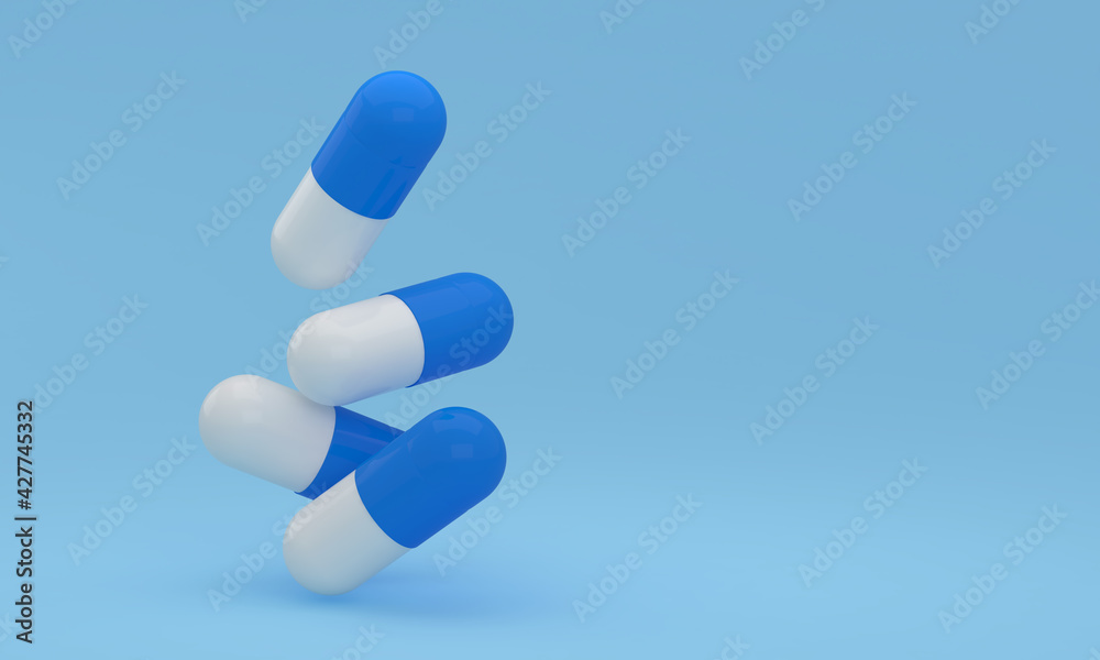 Falling pills onto the table surface. 3D illustration Falling pills onto the table surface. 3D illustration