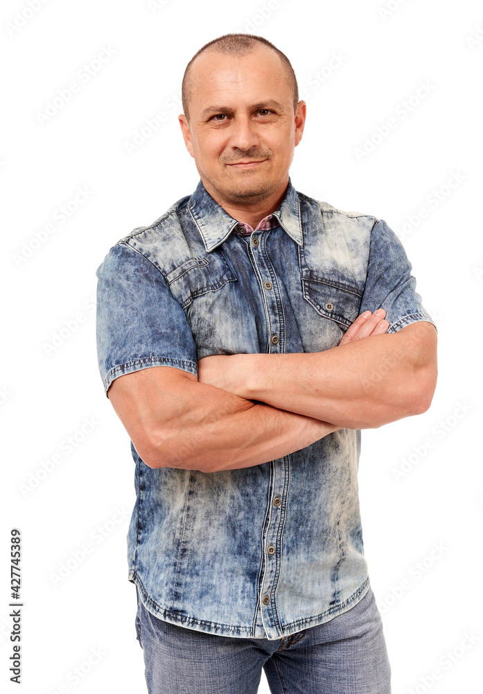Fototapeta premium Caucasian man with arms crossed on white background