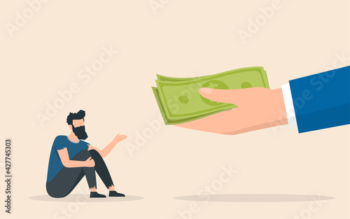 Big hand give money to helpless businessman. Alms concept. Social inequality.