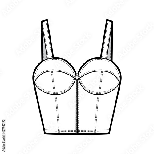 Denim bustier top technical fashion illustration with thin straps, zip-up closure, cups, slim fit, waist crop length. Flat bra template front, white color style. Women, men, unisex CAD mockup