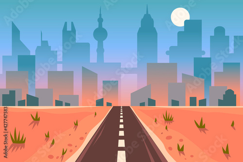 The road through the desert to the city. City landscape. Vector cartoon illustration. Silhouette of the metropolis. Horizontal banner. 