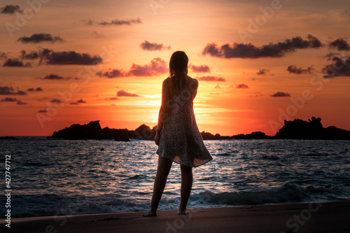 Silhouette of woman watching beautiful sunset on the beach