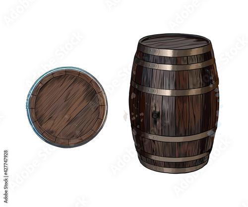 Wooden barrel for wine or other drinks from a splash of watercolor, colored drawing, realistic. Vector illustration of paints