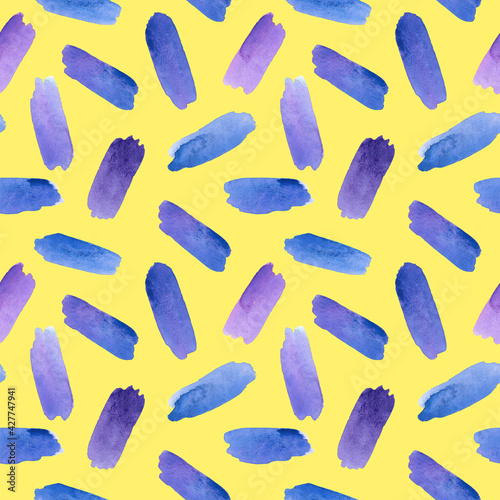 Watercolor violet, purple and blue brush strokes seamless pattern. Color swatches on yellow background.