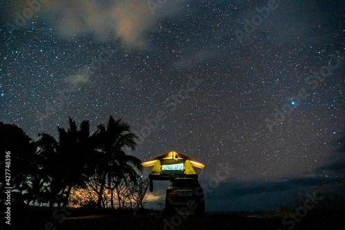 Car with roof top tent under a starry sky, overland