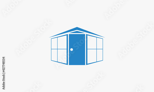 blue roof door window home logo design vector.