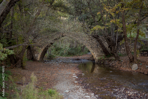 Venetian bridge in Cyprus in the Troodos mountains. Beautiful autumn landscape with river, rocks, trees and ancient bridge. Medieval architecture