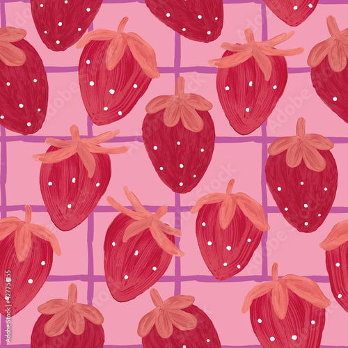 Vector Kawaii Red Strawberry Grid seamless pattern design