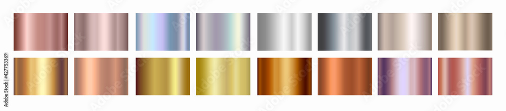 Gold rose, silver, holographic, bronze, copper and golden foil texture gradation background set. Vector shiny hologram and metalic gradient collection for border, frame, ribbon, label design