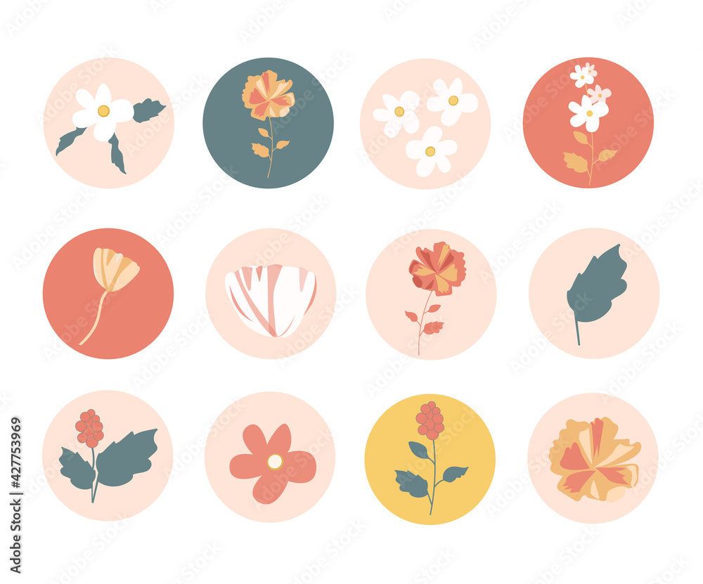 Floral icons collection for social media design. Round flower sticker set. Trendy isolated vector illustrations. Modern floral stickers for web, app and brand design. Floral icons collection for social media design. Round flower sticker set. Trendy isolated vector illustrations. Modern floral stickers for web, app and brand design.