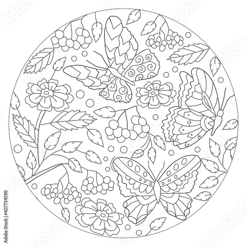 Hand drawn round shape coloring page for kids and adults. Coloring book with butterfly and flowers. Beautiful drawings with patterns and small details. Vector