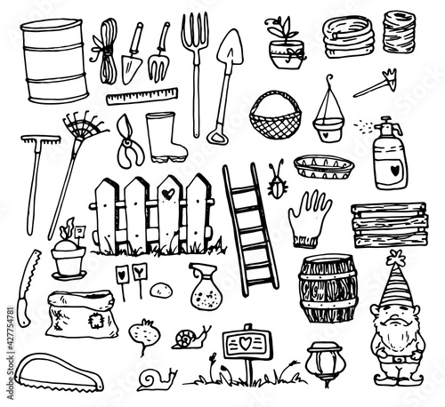 Vector set of elements from garden tools, fence, garden gnome, ladder and plants, hand-drawn in doodle style with a black line. shovel, rake, barrel, earth bag, shovel and sprayer with flower pot for 