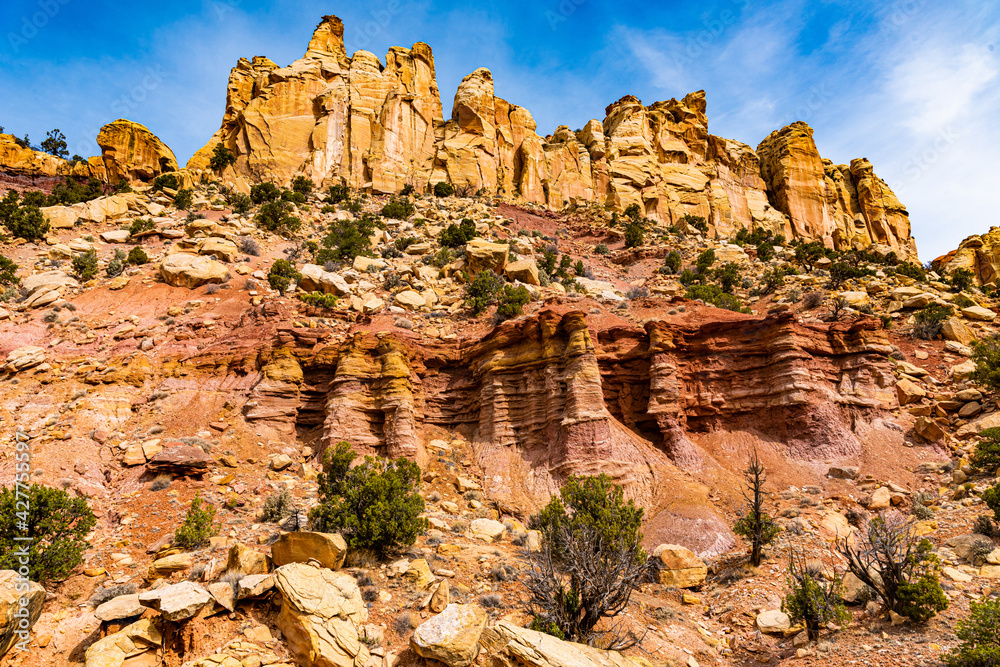 The Burr Trail through Long Canyon in Southern Utah, Red cliffs against blue sky's. 