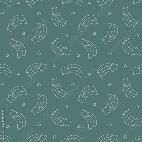Boho seamless vector pattern with shooting stars. Cute starry sky texture. Hand drawn vintage background for your design, card, gift, print, kids fashion, package, wrapping paper, wallpaper, fabric.