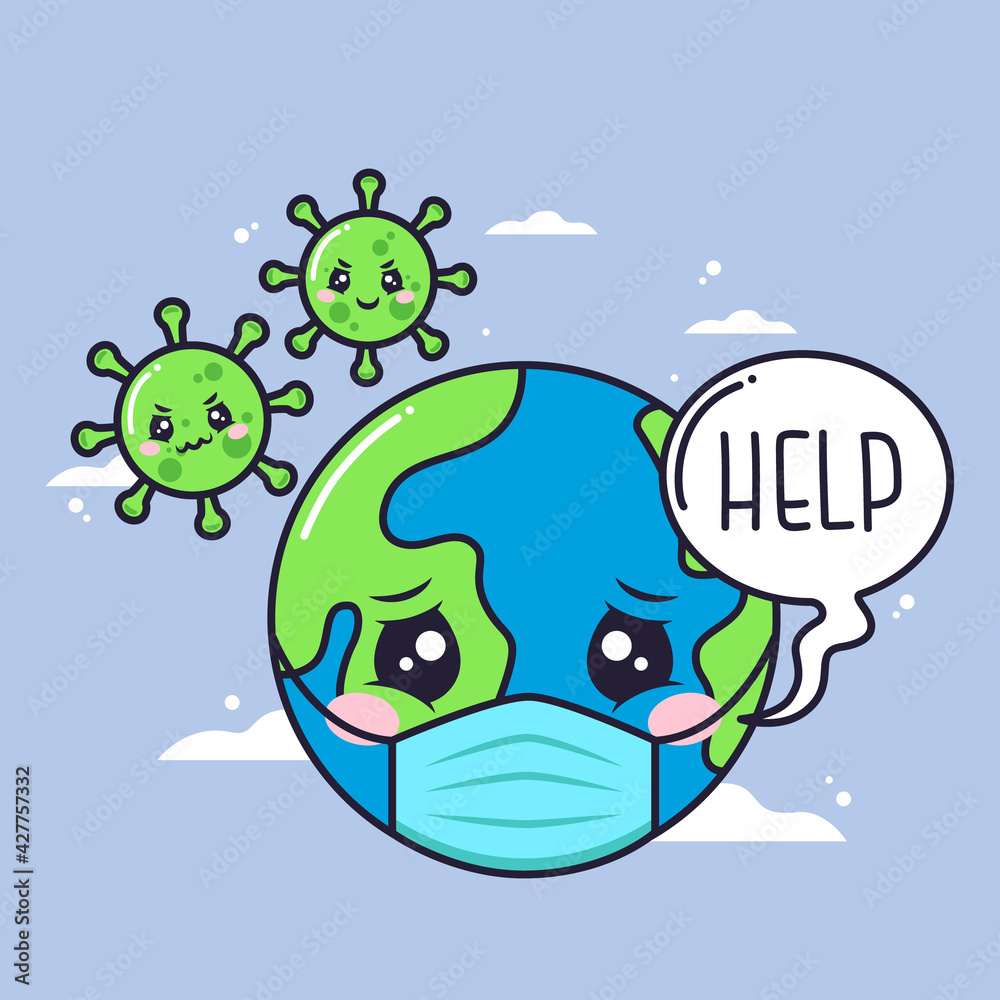 cute sick planet character with attacking virus