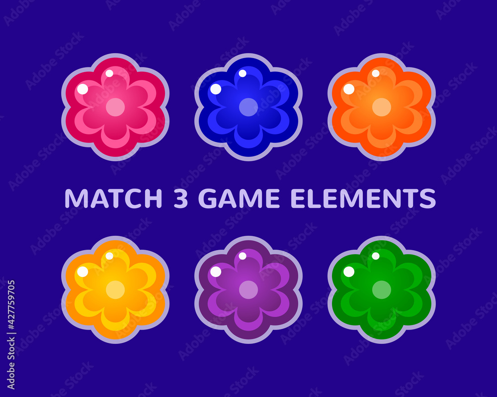 Match 3 casual puzzle game flower vector items. UI elements. Colorful icon set. Mobile game assets. Match 3 casual puzzle game flower vector items. UI elements. Colorful icon set. Mobile game assets.