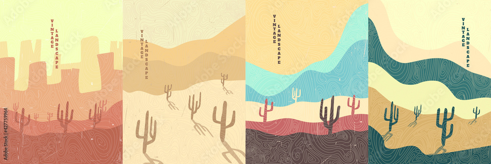 Vector illustration. Abstract landscape background. Hand drawn pattern design. Geometric template. Ornamental poster concept. Vintage art. 70s, 80s retro graphic. Wilderness. Cactuses and hills
