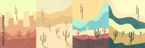 Vector illustration. Abstract landscape background. Hand drawn pattern design. Geometric template. Ornamental poster concept. Vintage art. 70s, 80s retro graphic. Wilderness. Cactuses and hills