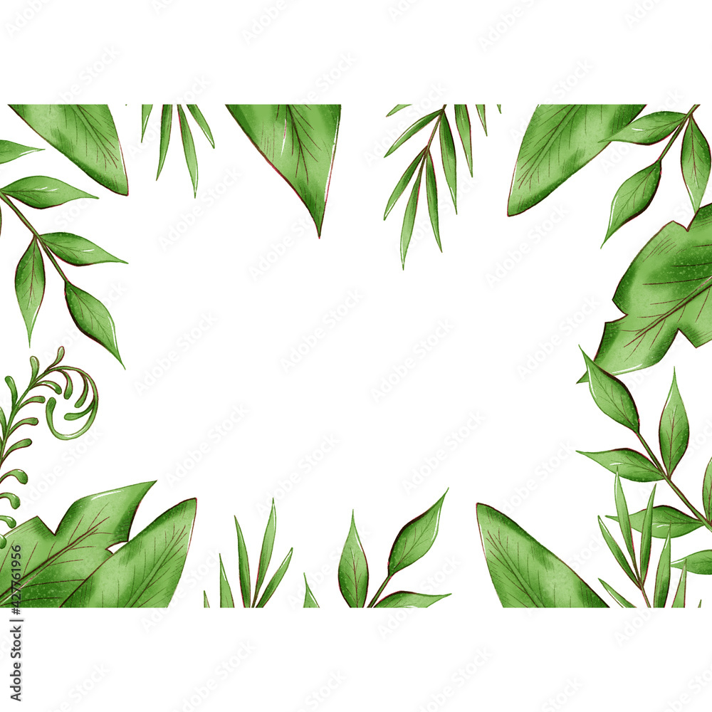 exotic tropical leaves frame, jungle foliage set isolated on white background.