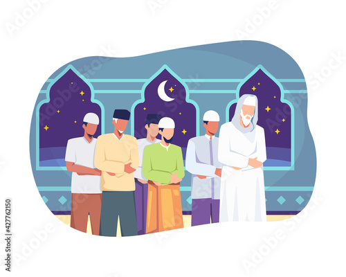 People tarawih prayer in congregation. Muslim people perform taraweeh prayer night during ramadan. Prayers in congregation at the mosque, Happy fasting, Ramadan kareem. Vector illustration flat style