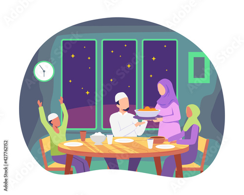 Muslim family eating ramadan iftar together. Moslem family preparing iftar meal, Praying before having iftar. Enjoying ramadan together in happiness during fasting. Vector illustartion in a flat style