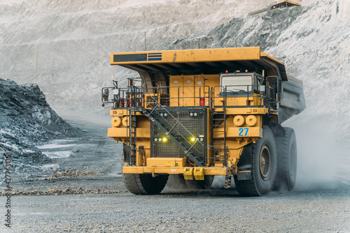 Komatsu 730e dump truck at a gold mining site.