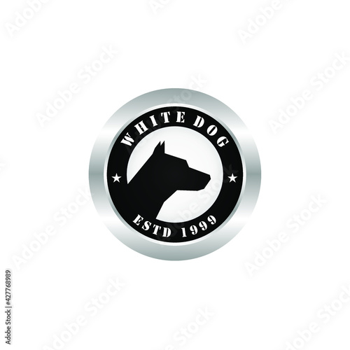 white dog. vector logo design circle with metal color
