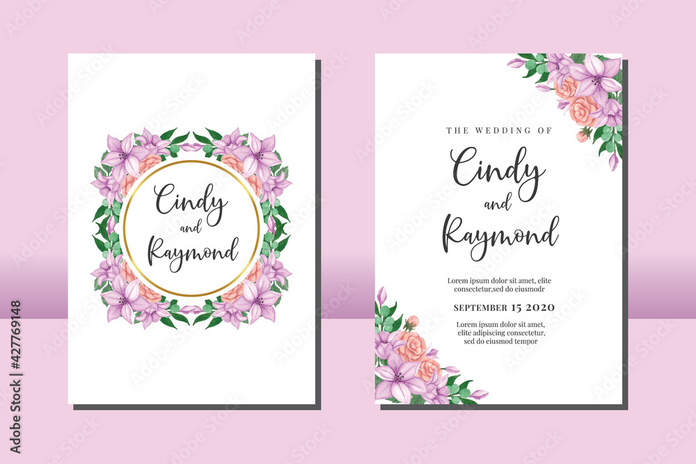 Wedding invitation frame set, floral watercolor hand drawn Peony and Zinnia Flower design Invitation Card Template