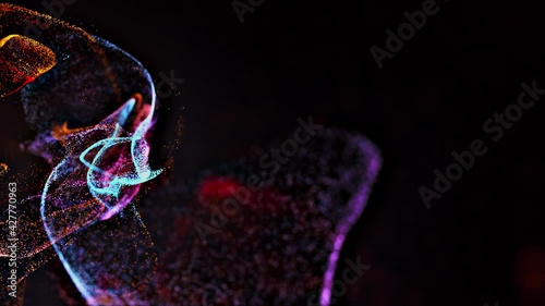 Abstract Macro slow motion shot of Blue and Orange Particle Fluid isolated on black. paint drops mixing in water. Ink swirling underwater. Colored cloud abstract smoke explosion animation. 3D render