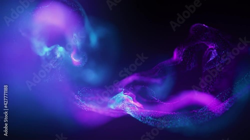 Abstract Macro slow motion shot of Blue and Orange Particle Fluid isolated on black. paint drops mixing in water. Ink swirling underwater. Colored cloud abstract smoke explosion animation. 3D render