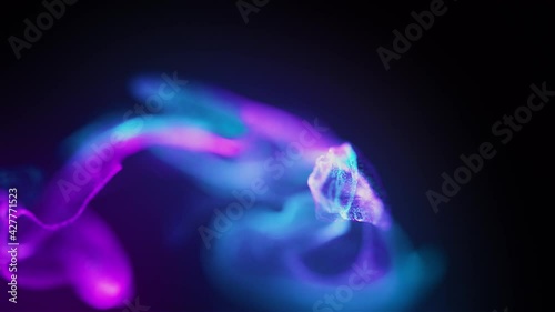 Abstract Macro slow motion shot of Blue and Orange Particle Fluid isolated on black. paint drops mixing in water. Ink swirling underwater. Colored cloud abstract smoke explosion animation. 3D render