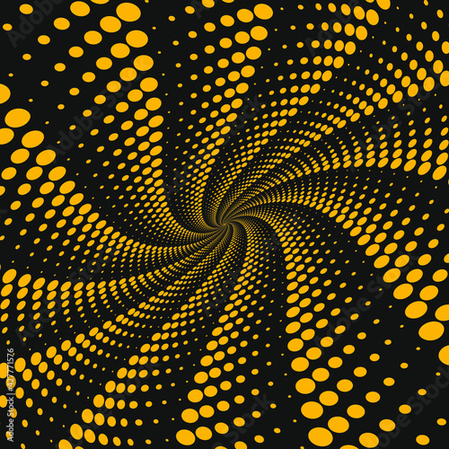Abstract yellow vortex halftone dots. Vector illustration. Design element for logo, sign, symbol, web pages, prints, posters, template, monochrome pattern and abstract background