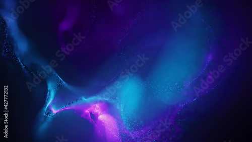 Abstract Macro slow motion shot of Blue and Orange Particle Fluid isolated on black. paint drops mixing in water. Ink swirling underwater. Colored cloud abstract smoke explosion animation. 3D render