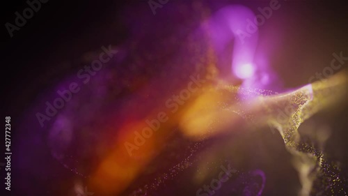 Abstract Macro slow motion shot of Blue and Orange Particle Fluid isolated on black. paint drops mixing in water. Ink swirling underwater. Colored cloud abstract smoke explosion animation. 3D render