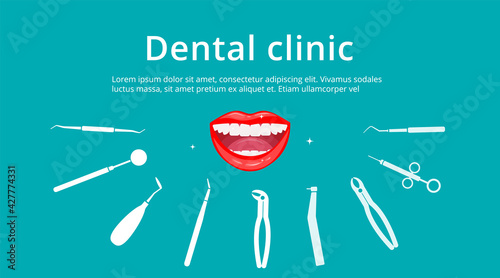 Dental clinic, dentistry, orthodontics banner. Open smiling female mouth with healthy white teeth surrounded by flat isolated icons. Dental tools and equipment background. Vector illustration