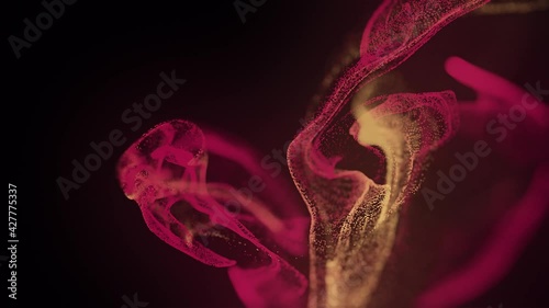 Abstract Macro slow motion shot of Blue and Orange Particle Fluid isolated on black. paint drops mixing in water. Ink swirling underwater. Colored cloud abstract smoke explosion animation. 3D render