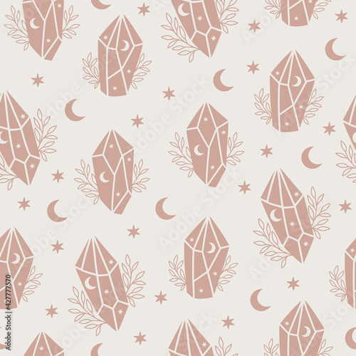 Magic and celestial seamless pattern with magical crystal. Trendy witchcraft symbol on beige background. Mystical crystals  stars  crescent moon. For digital paper wrapping  boh wallpaper.