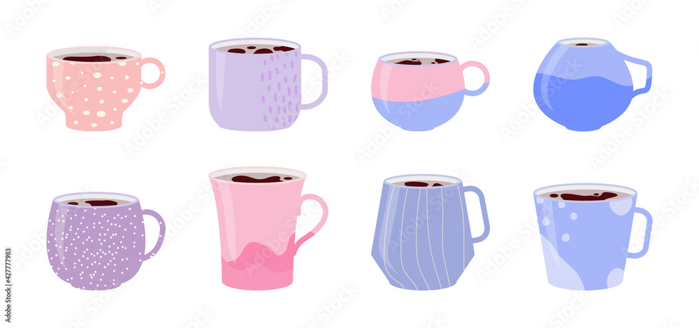 Collection pink ceramic cups. Set icons of mugs with various ornaments filled with drink, hot tea or coffee. Doodle abstract, linear, pot pattern on cup. Flat cartoon style design. Vector illustration