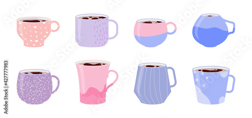 Collection pink ceramic cups. Set icons of mugs with various ornaments filled with drink, hot tea or coffee. Doodle abstract, linear, pot pattern on cup. Flat cartoon style design. Vector illustration © Mooikunst