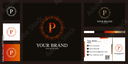 Letter P luxury ornament flower frame logo template design with business card.
