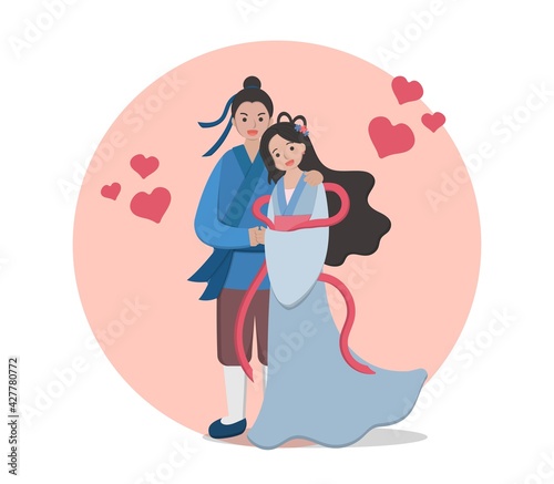 Valentine's Day in Asia, East and China: Tanabata, the legendary characters of Cowherd and the Weaver Girl, cartoon comic vector characters