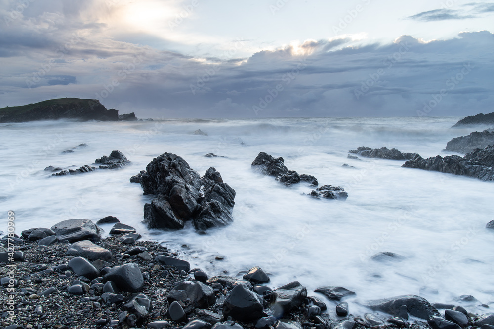 Rocky seascape view in cloudy morning. Rocky seascape view in cloudy morning.