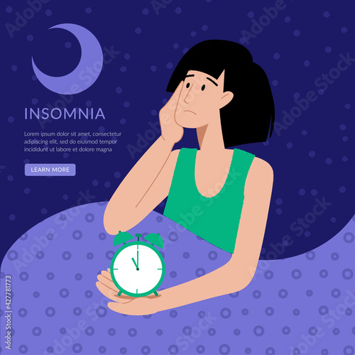 Insomnia. The woman cannot sleep. Female character suffers from insomnia. Sleep disorder, sleeplessness concept.