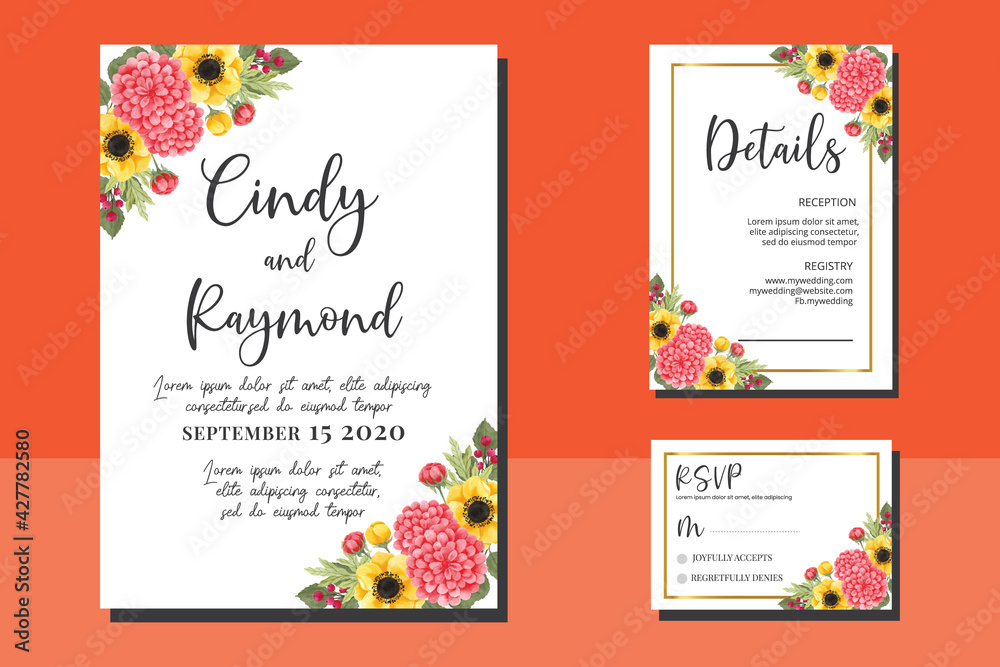 Wedding invitation frame set, floral watercolor hand drawn Orange Dahlia Flower design Invitation Card Template